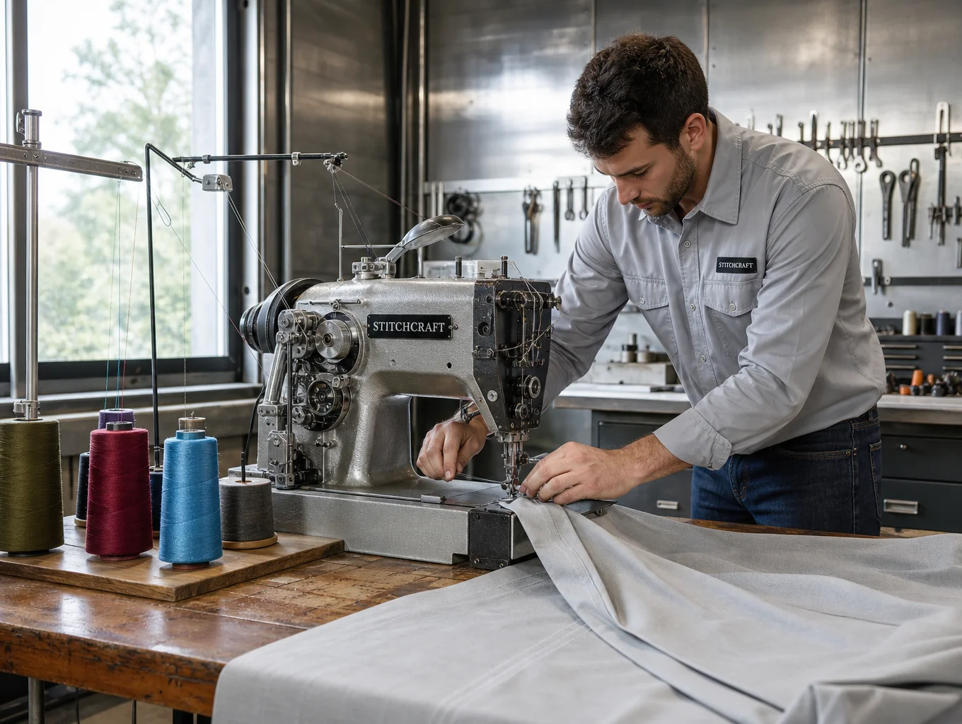 Ambiente de produção têxtil industrial com tecidos de alta qualidade